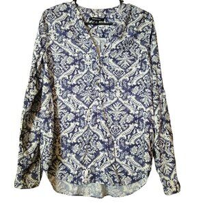 Relativity Roll Tab Sleeve Paisley Print Pullover Blouse Top Women's Small